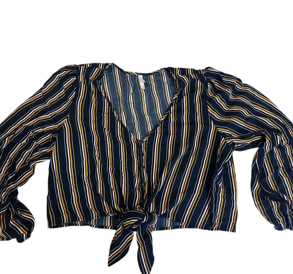 Xhilaration Blue Multi-Colored Striped V-Neck Long Sleeve Cropped Blouse Top XXL